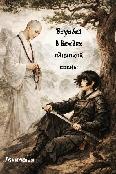Воробей в ветвях одинокой сосны